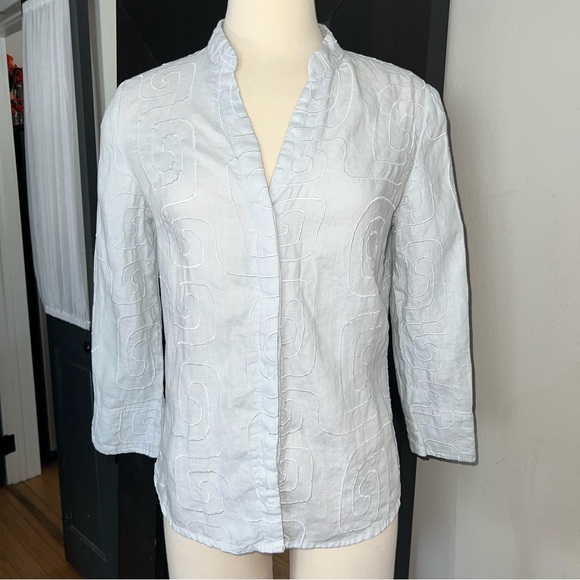 DAVID BROOKS Grayish Blue 100% Linen Embroidered 3/4 Sleeve Shirt Medium - Picture 1 of 9
